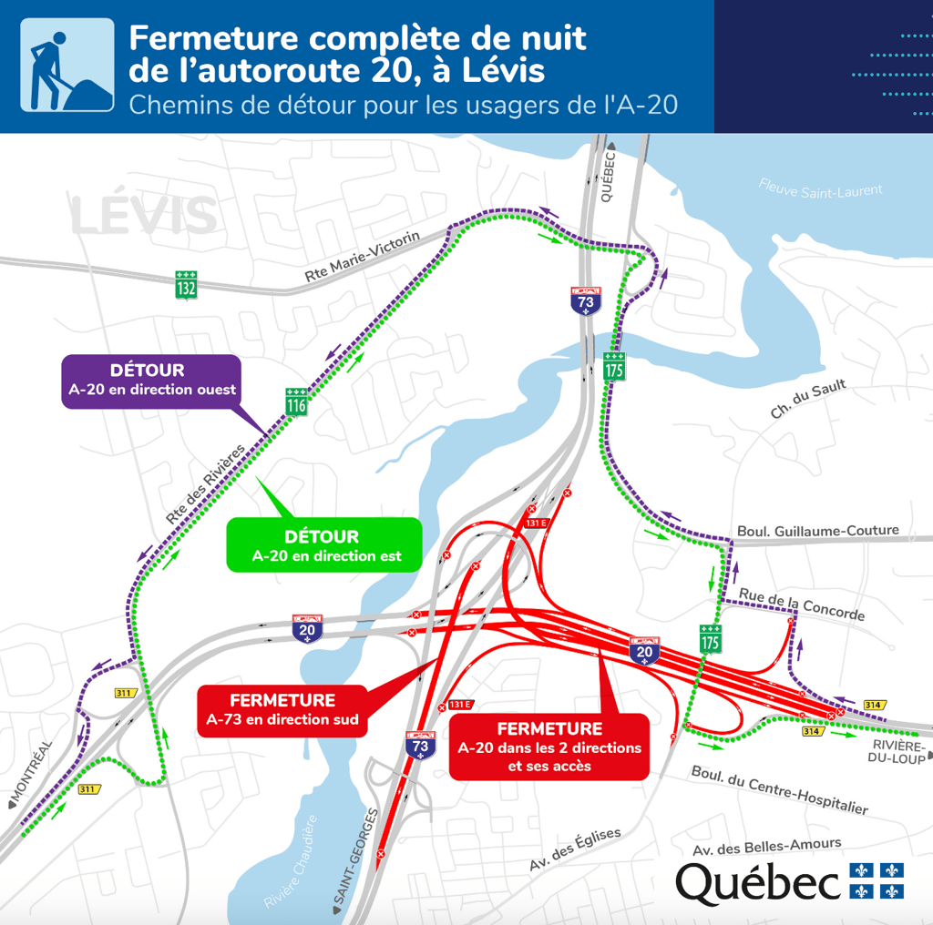 Une partie de l'autoroute 20 sera complètement fermée 