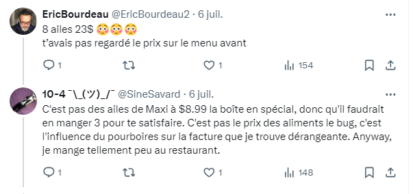 58,64$ pour 8 ailes de poulet et 2 bières.