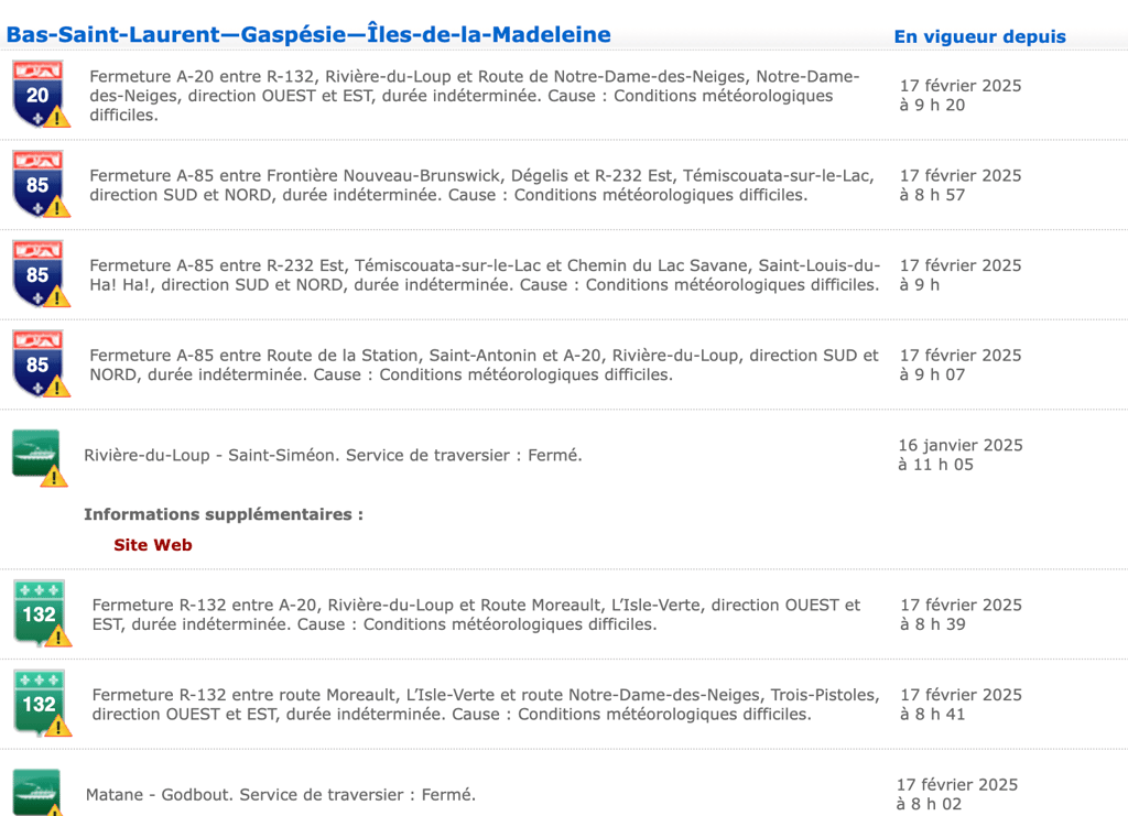 De nombreuses routes du Québec fermées à cause de la tempête hivernale