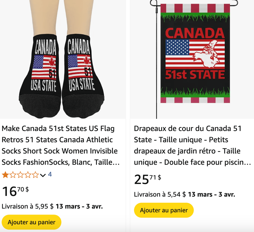 De nombreux produits « Canada, 51e État » en vente sur Amazon