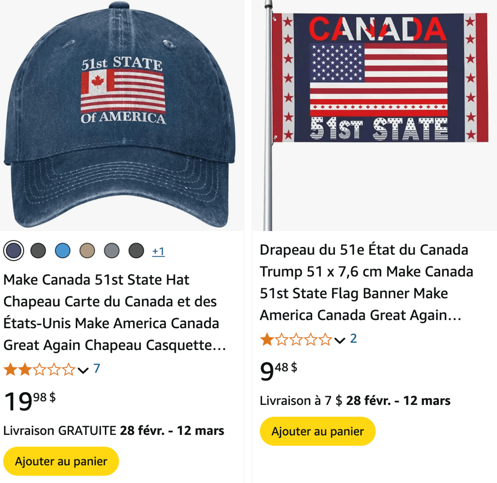 De nombreux produits « Canada, 51e État » en vente sur Amazon
