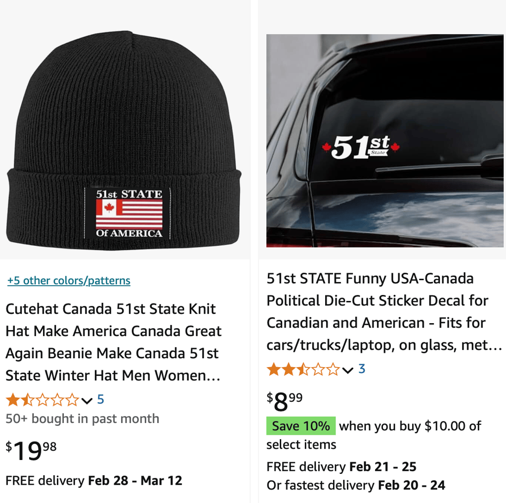 De nombreux produits « Canada, 51e État » en vente sur Amazon