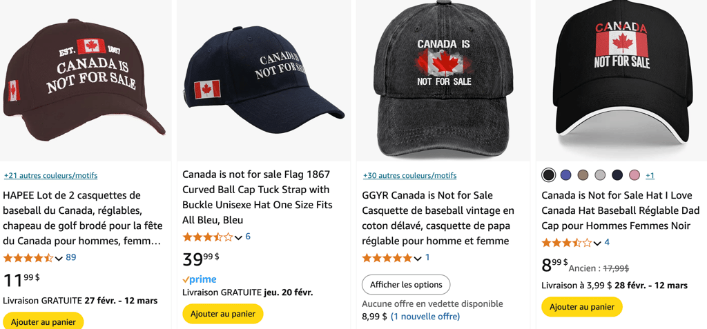 De nombreux produits « Canada, 51e État » en vente sur Amazon