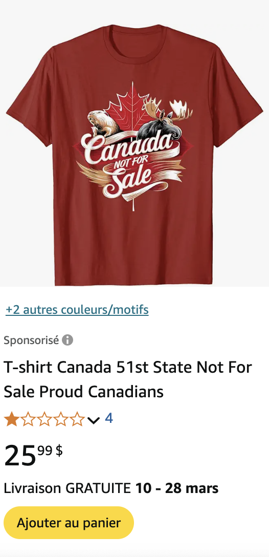 De nombreux produits « Canada, 51e État » en vente sur Amazon