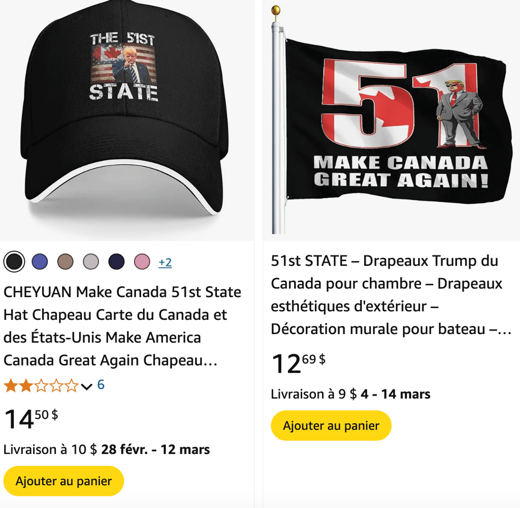 De nombreux produits « Canada, 51e État » en vente sur Amazon
