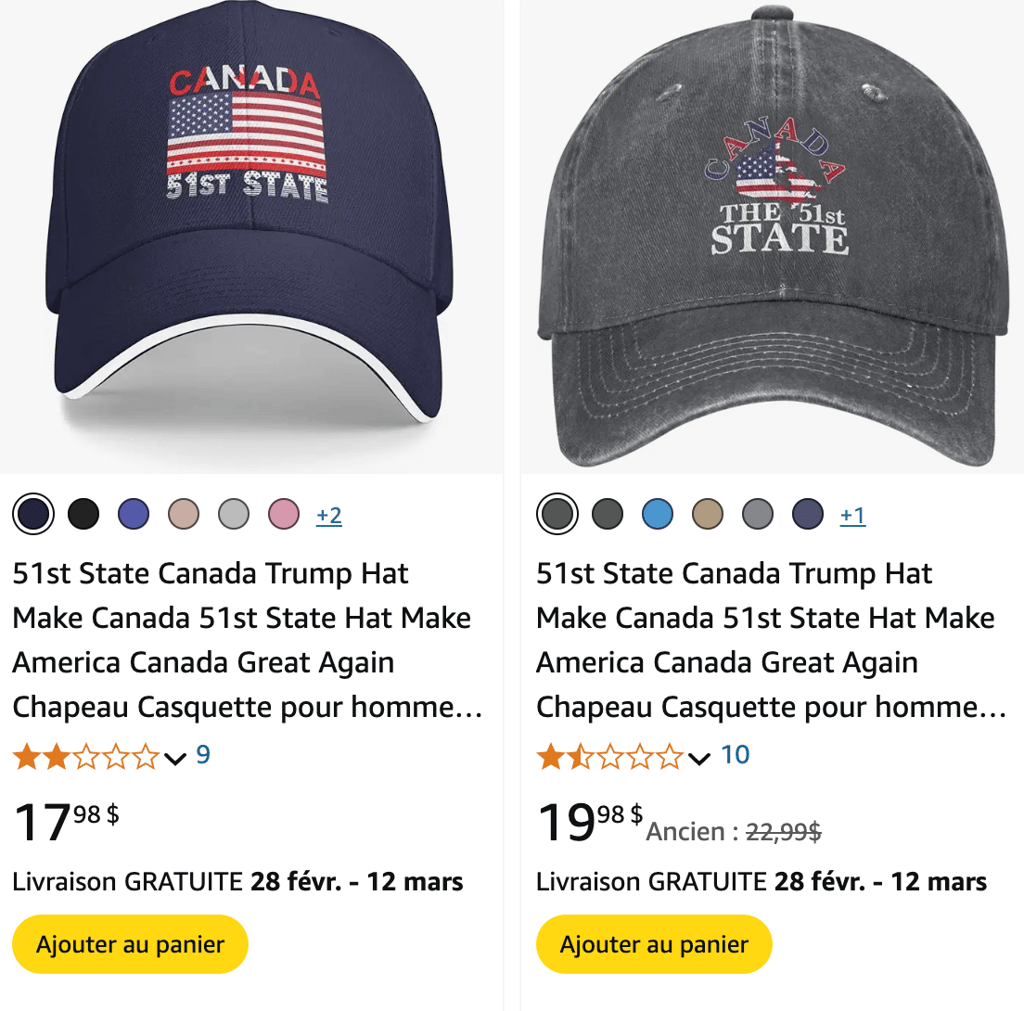 De nombreux produits « Canada, 51e État » en vente sur Amazon