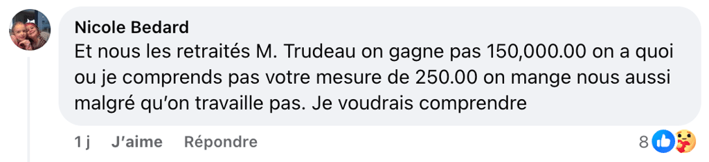 Un commentaire revient souvent concernant le chèque de 250 $ annoncé par Justin Trudeau