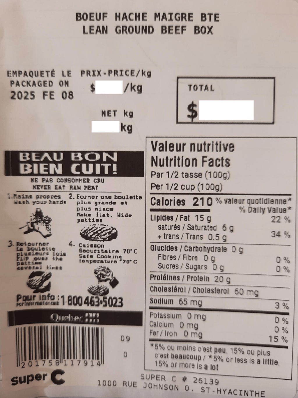 Ne mangez pas du bœuf haché provenant de cette épicerie Super C