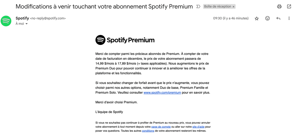 Spotify décide d’augmenter considérablement le prix de son abonnement au Québec