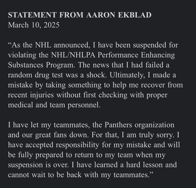 Aaron Ekblad releases a statement, admits to using performance enhancing drugs