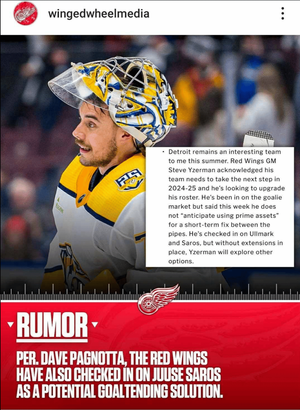 Report: Red Wings interested in Juuse Saros