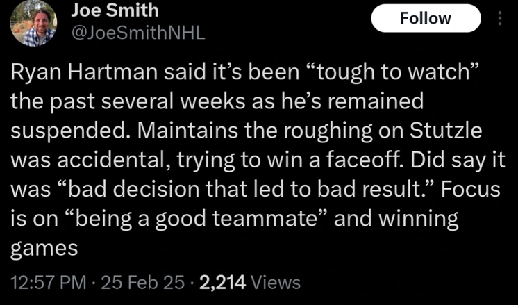 Ryan Hartman maintains play on Stutzle was an accident says it was “tough to watch” his team while suspended