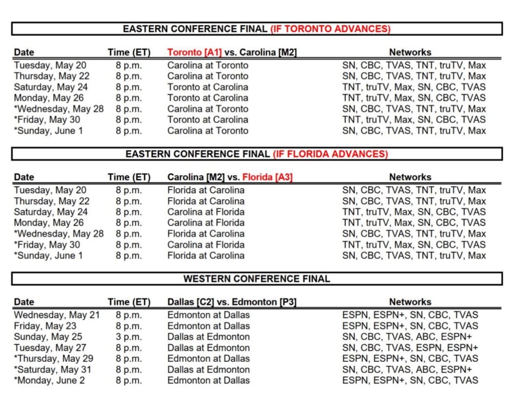 NHL releases full schedule for Conference Finals.