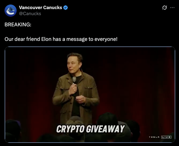 Canucks' official social media account hacked, advertises Elon Musk scam