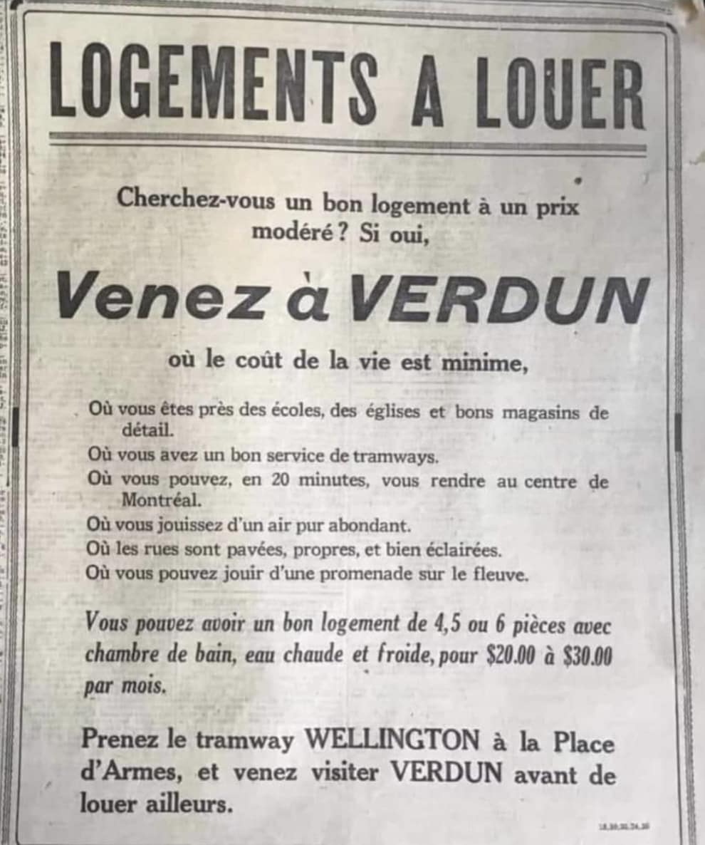 Les Québécois n'en reviennent pas du prix d'une annonce d'un loyer à louer à Verdun en 1925