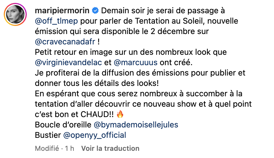 Maripier Morin fait une précision avant son passage à Tout Le Monde En Parle ce dimanche soir.