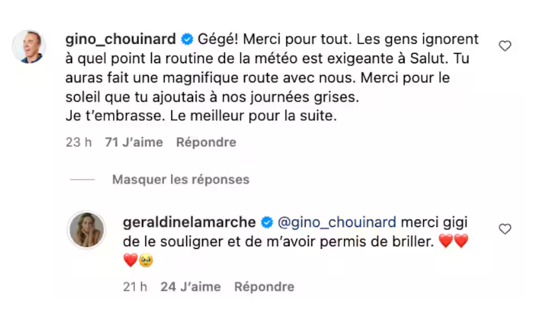 Gino Chouinard partage un touchant message à Géraldine Lamarche après son départ de Salut Bonjour