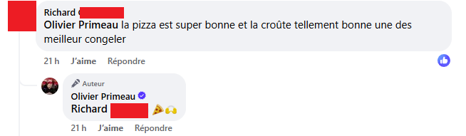 Un internaute ramasse la nouvelle pizza congelée d'Olivier Priumeau et ce dernier lui répond