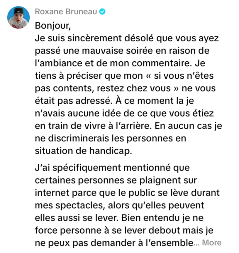 Roxane Bruneau fait des excuses publiques à une personne handicapée après un spectacle