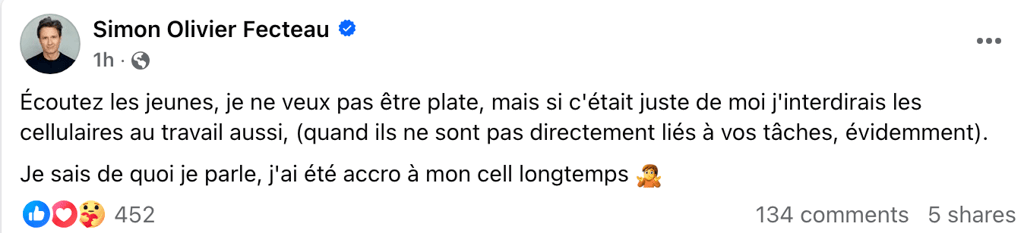Simon Olivier Fecteau interdirait les cellulaires au travail