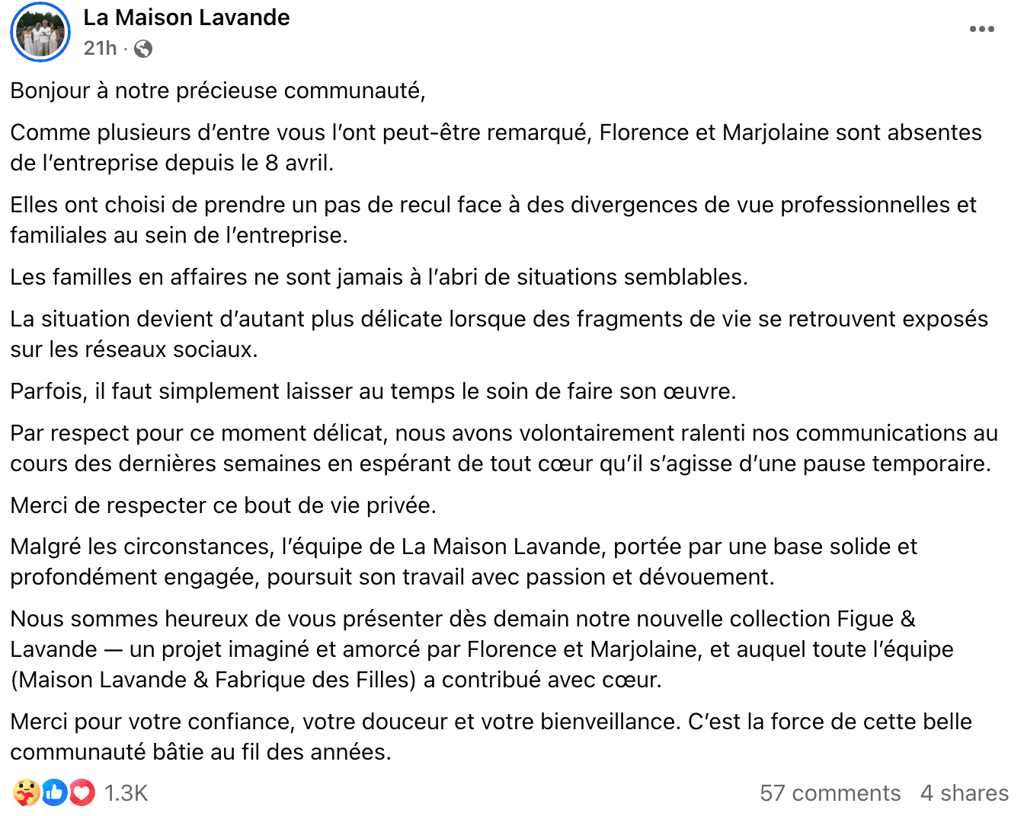 La Maison Lavande fait le point au sujet des tensions internes dans l’entreprise