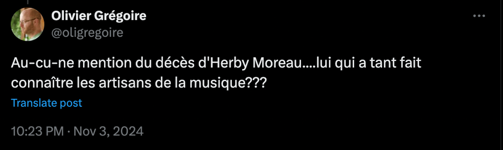 Le Gala de l'ADISQ se fait sévèrement critiquer pour l'absence d'hommage à Herby Moreau