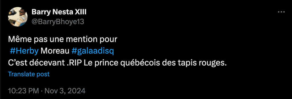 Le Gala de l'ADISQ se fait sévèrement critiquer pour l'absence d'hommage à Herby Moreau