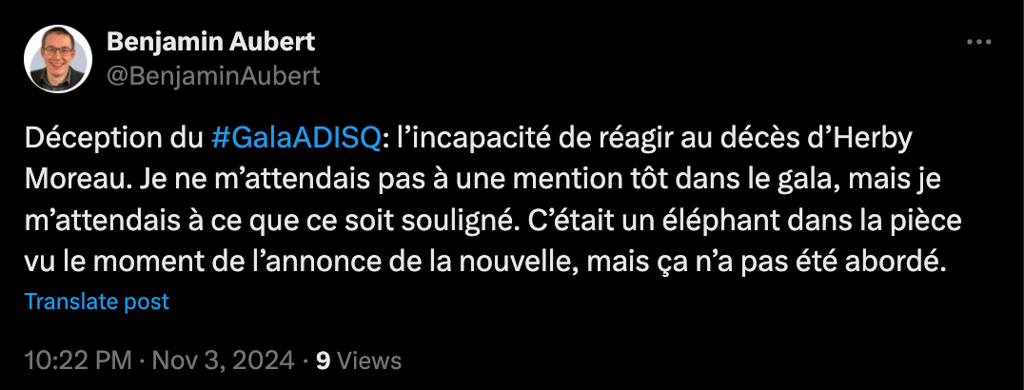 Le Gala de l'ADISQ se fait sévèrement critiquer pour l'absence d'hommage à Herby Moreau