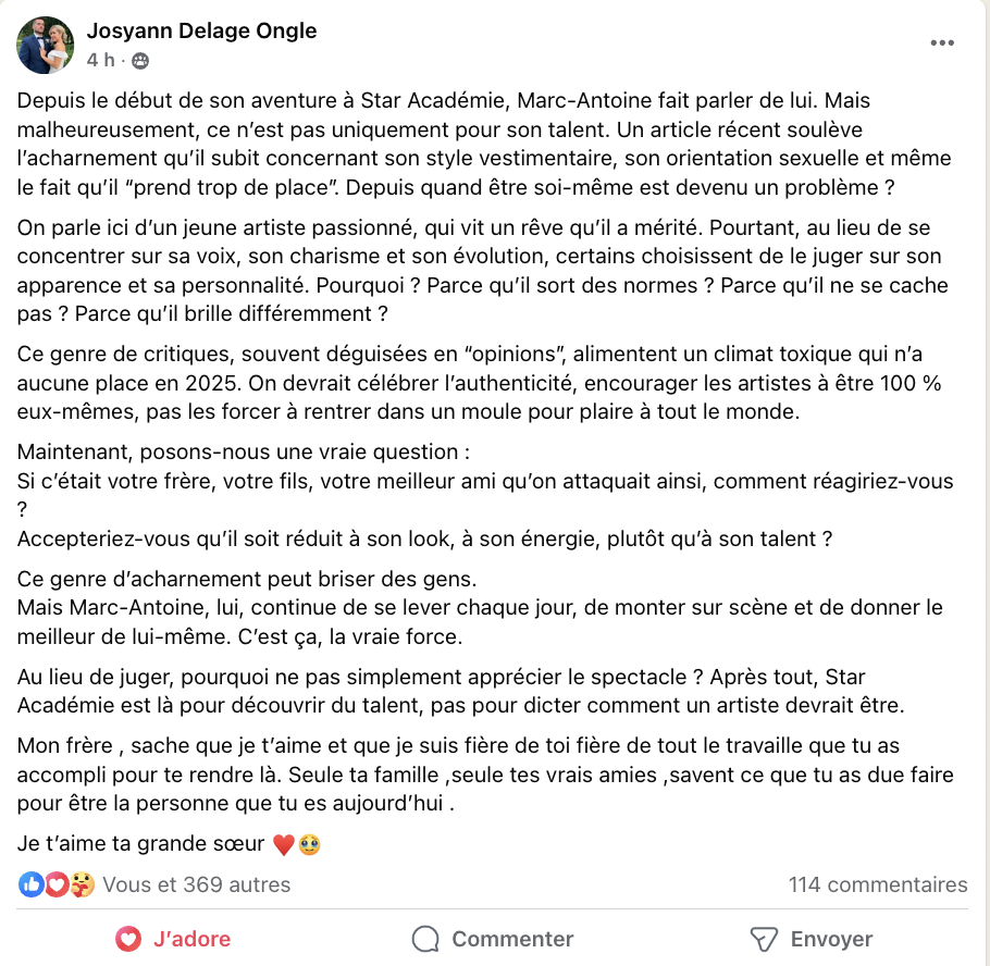 La soeur de Marc-Antoine de Star Académie lance un cri du coeur «Ce genre d'acharnement peut briser des gens»