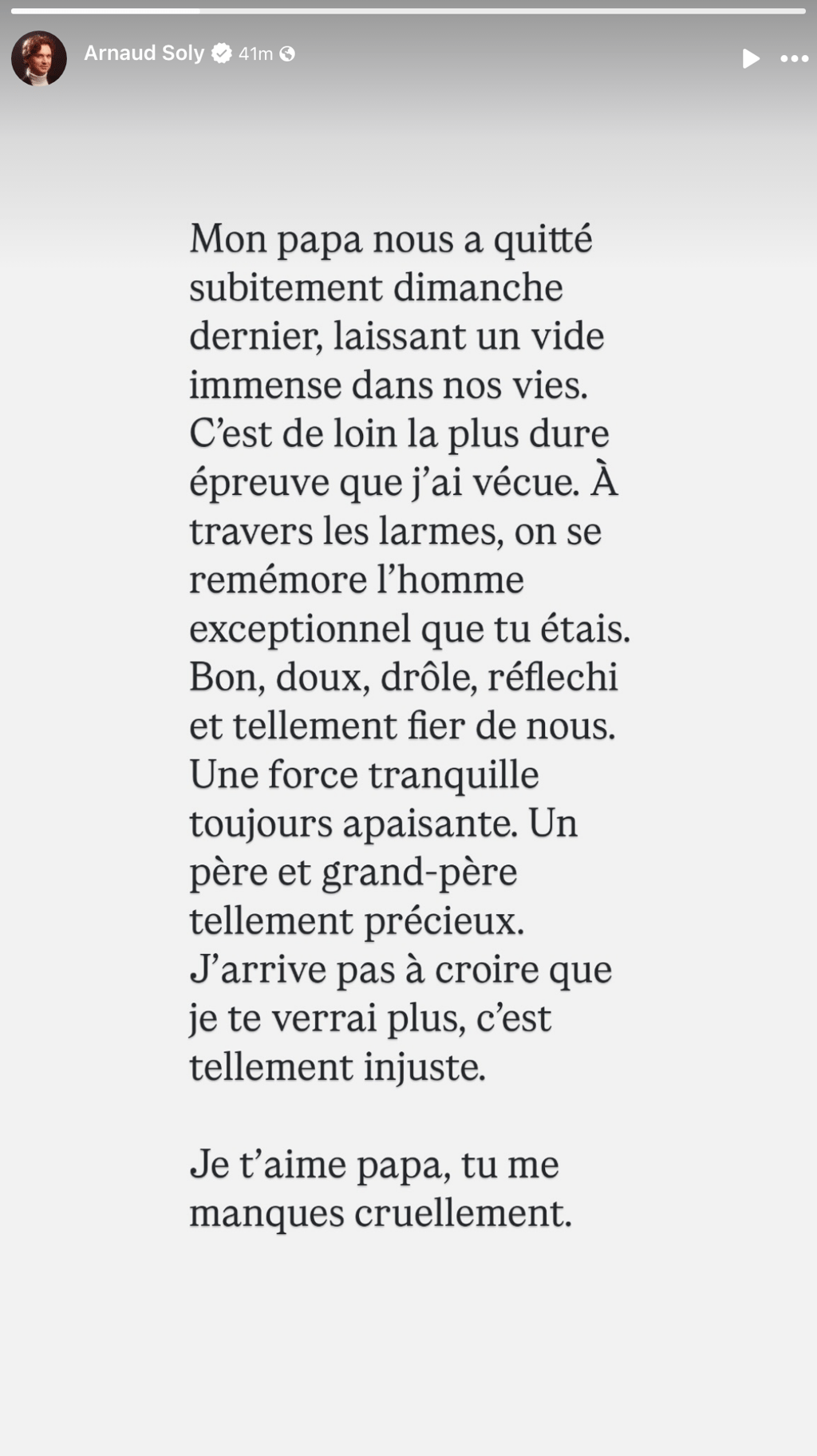Arnaud Soly annonce que son père a subitement perdu la vie