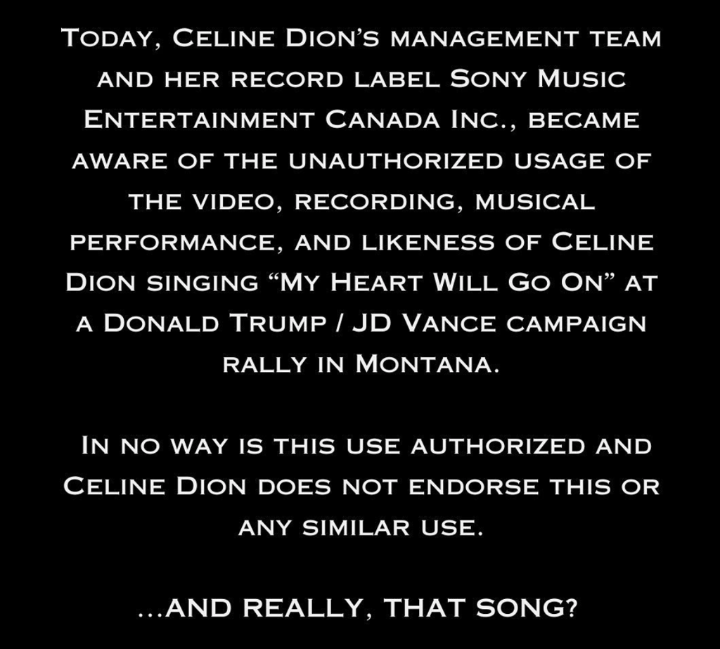 Céline Dion envoie un solide jab à Donald Trump après qu’il ait utilisé la chanson de Titanic sans son autorisation