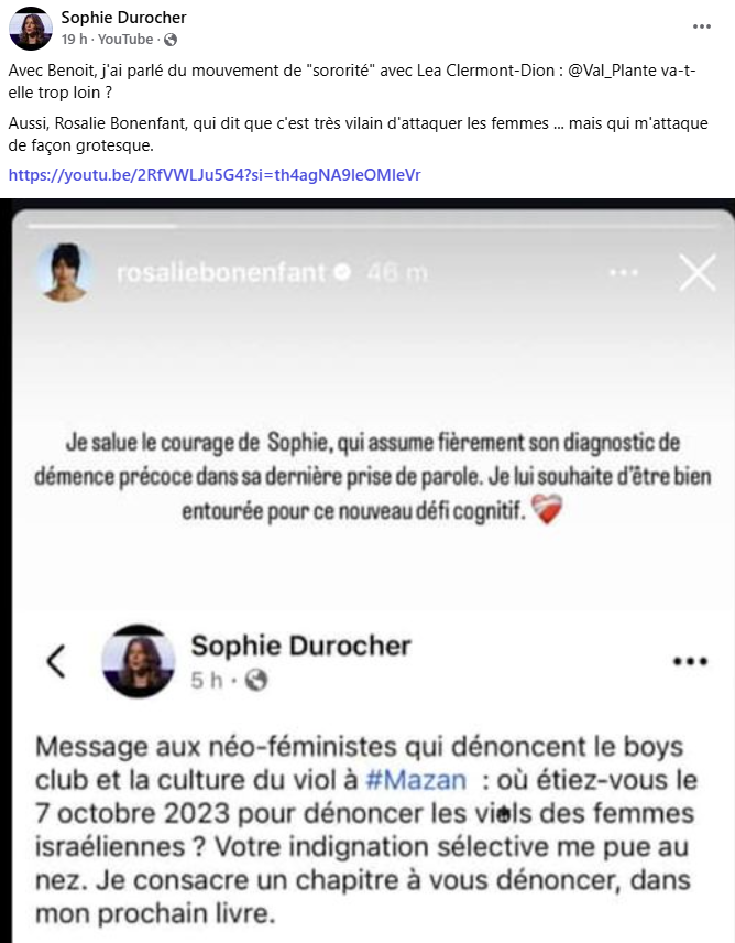 Rosalie Bonenfant ramasse solidement Sophie Durocher et cette dernière réplique