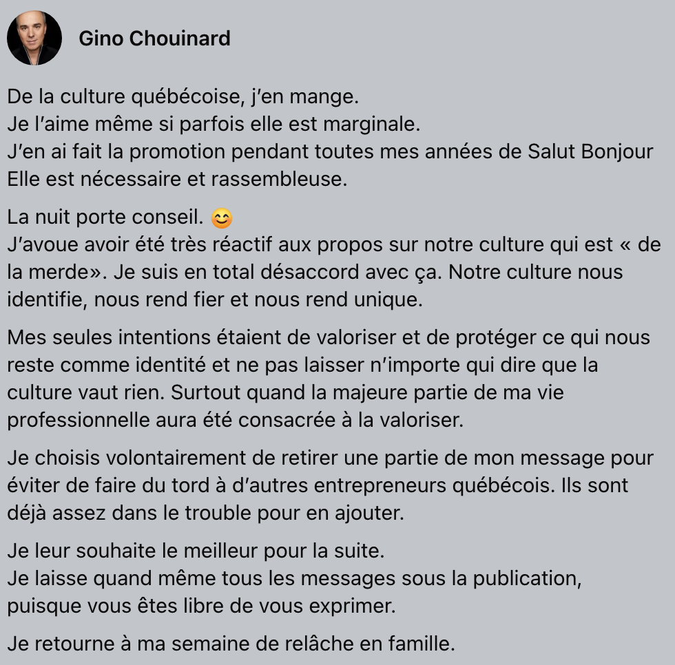 Gino Chouinard remâche ses mots alors qu'une de ses publications devient virale