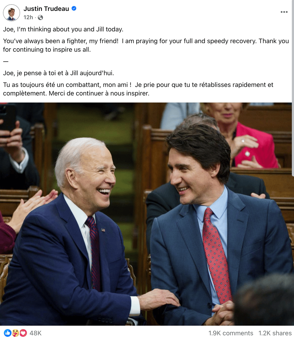 Justin Trudeau réagit à la triste annonce de Joe Biden