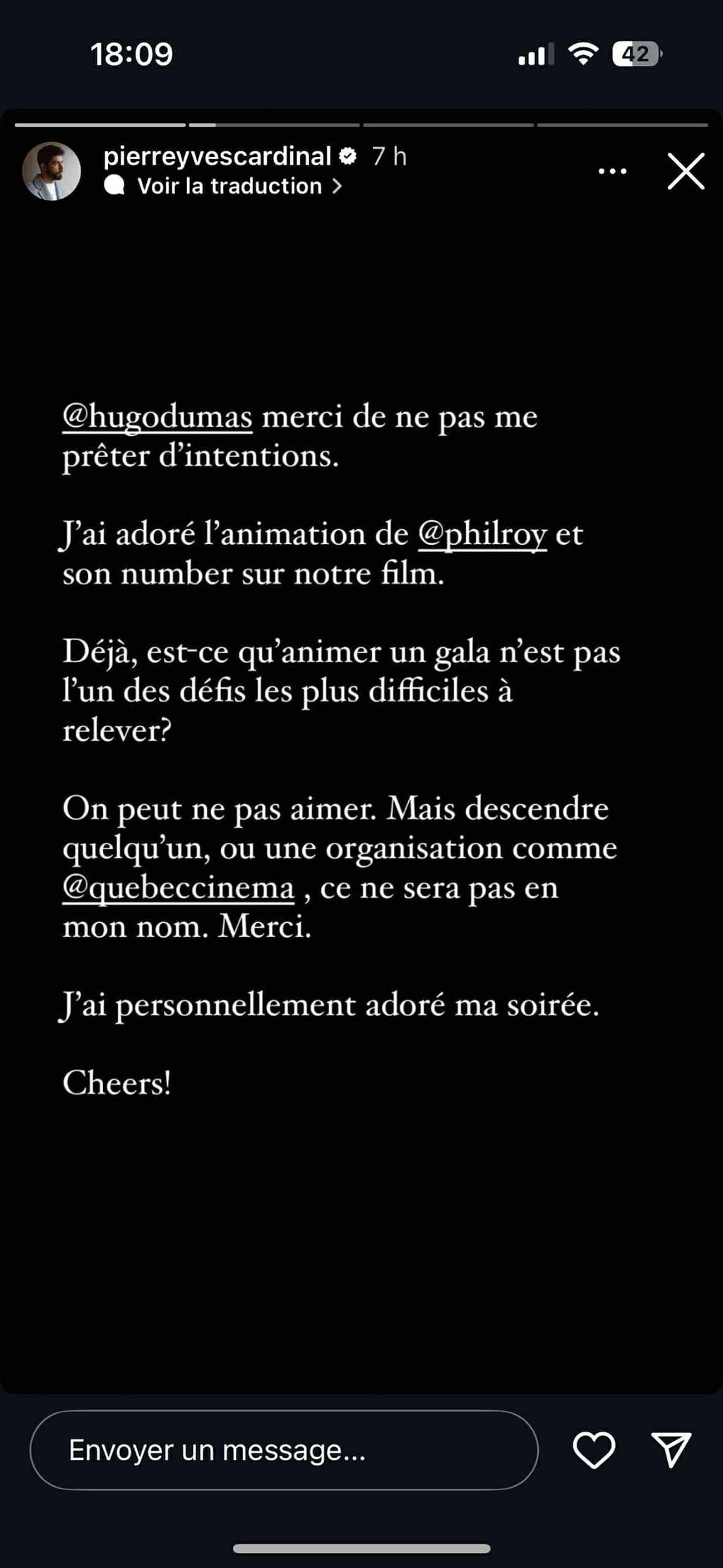 Pierre-Yves Cardinal n'a pas du tout apprécié le commentaire d'Hugo Dumas et lui répond sèchement