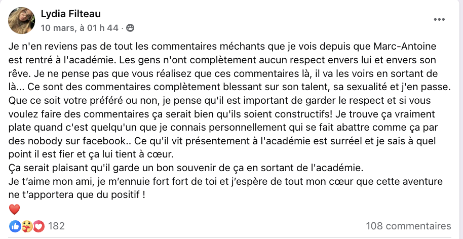 Vague de commentaires déplacés suite à l'élimination de Marc-Antoine à Star Académie