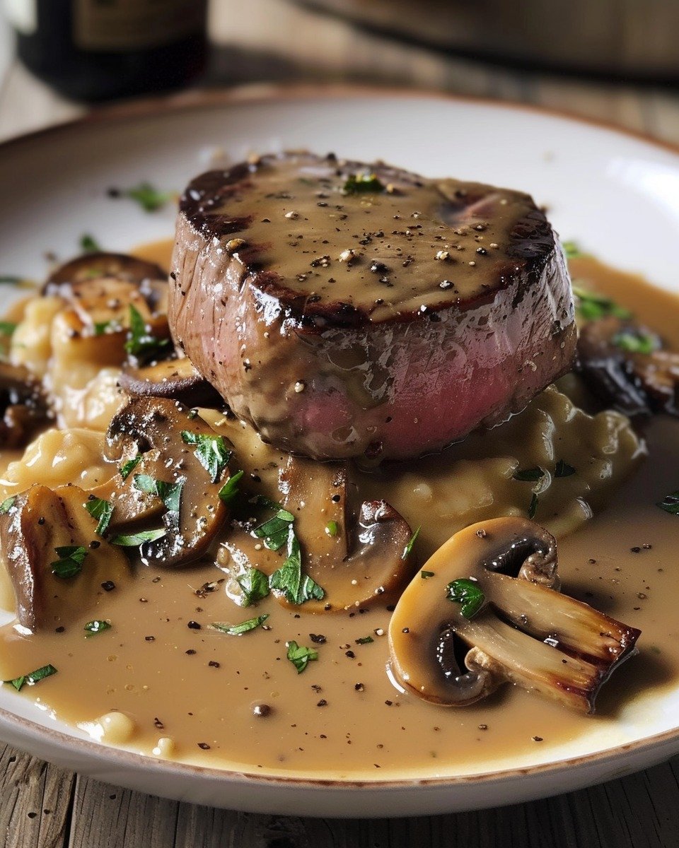 Décadent filet de bœuf à la crème aux échalotes, champignons et vin rouge