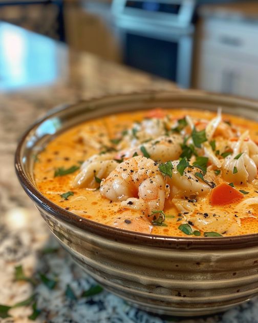 Goûtez au paradis avec cette bisque crémeuse de crabe et de crevettes aux fruits de mer