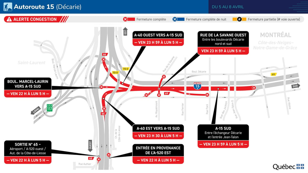 Des entraves majeures sur le réseau routier partout au Québec vont commencer le 5 avril.