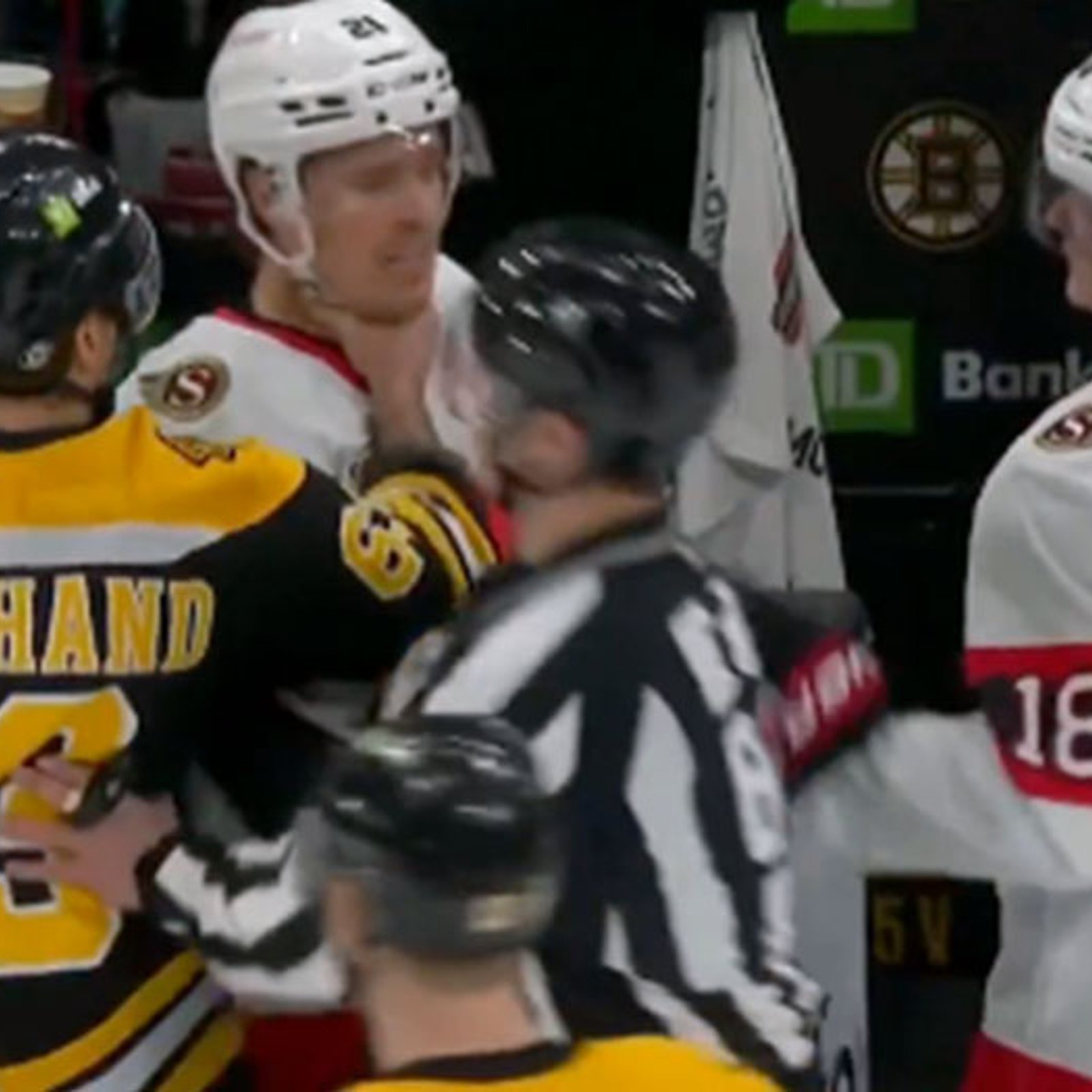 Brad Marchand takes off his glove and literally grabs Nick Cousins by the throat!