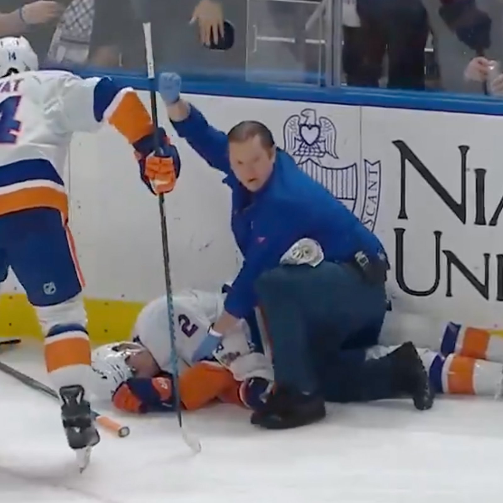 Awful scene in Buffalo as Mike Reilly brutally hits his head and passes out on the ice