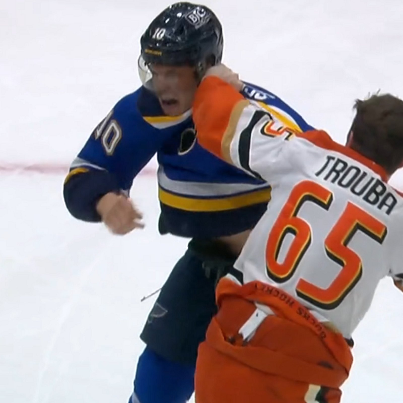 Dirty hit from Jacob Trouba leads to scrap with Brayden Schenn.