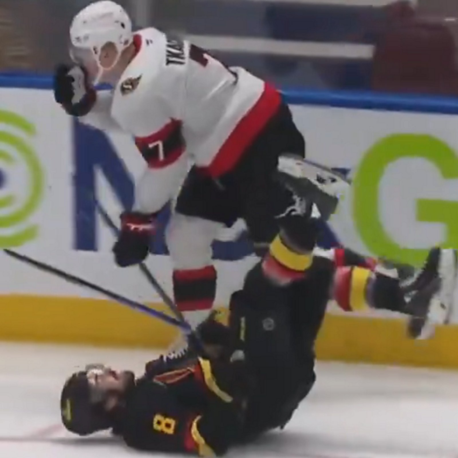 Brady Tkachuk manhandles Conor Garland like a child.