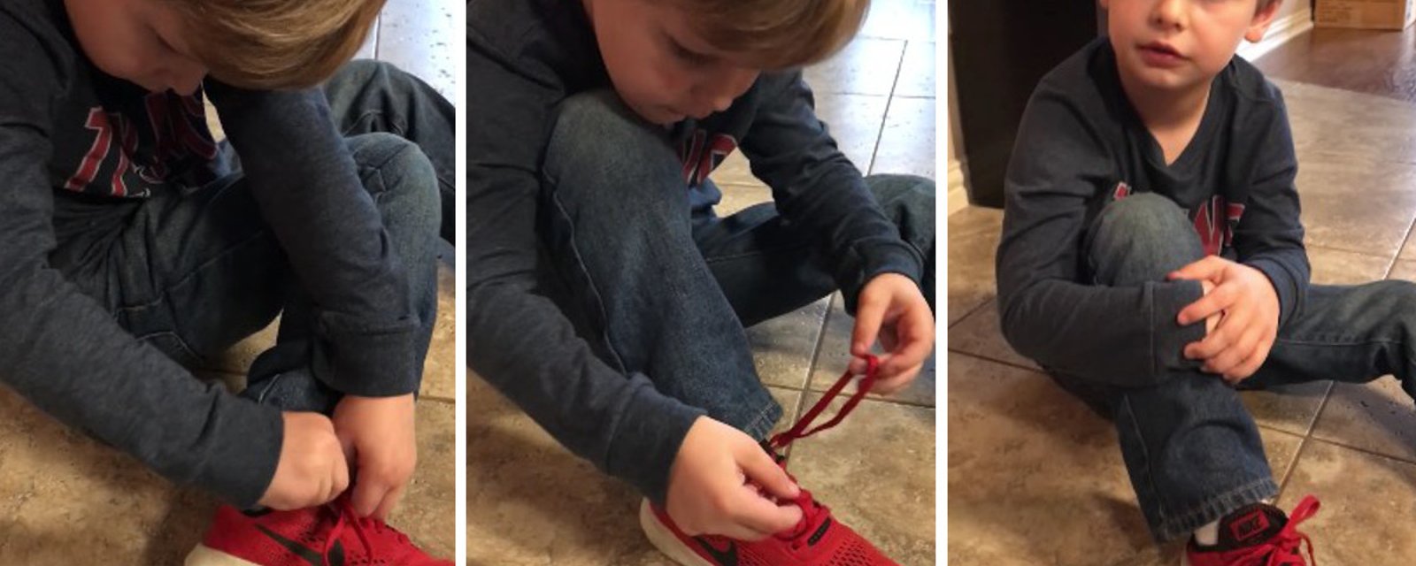 Un petit bonhomme de 5 ans rend les chaussures super faciles à attacher, d'une adorable façon! 