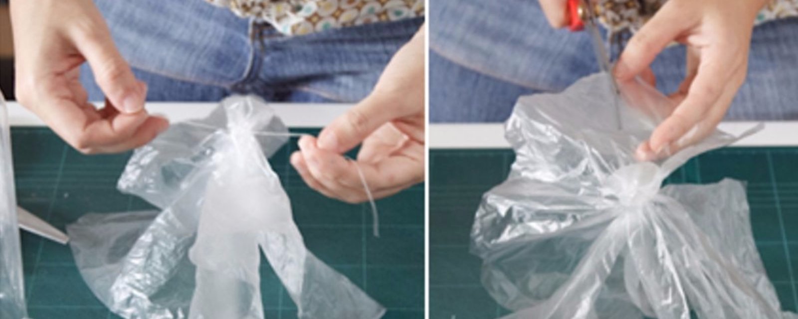 Elle découpe un sac de plastique, l’enfonce dans un pot et quand elle ajoute de l’eau, c’est presque magique!