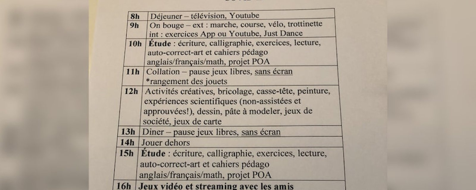 Une mère partage son horaire d’école à la maison version COVID-19 et les internautes adorent!