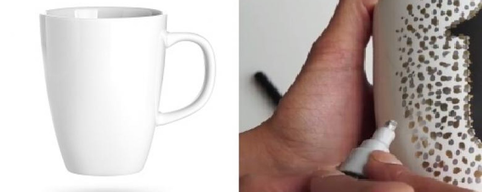 Elle dessine des points sur une tasse. Lorsqu'elle termine, elle est méconnaissable.