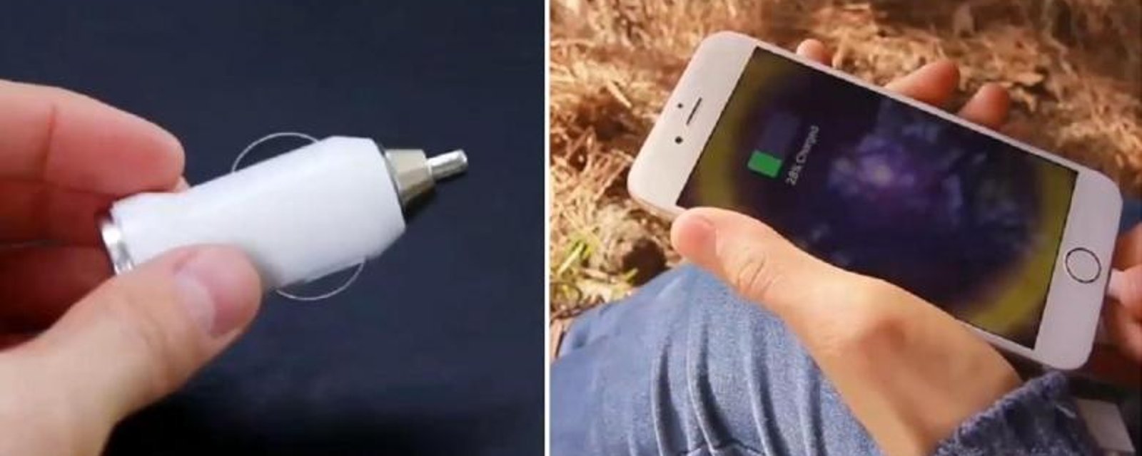 Il récupère un chargeur de téléphone pour la voiture! Son idée est absolument brillante!! 