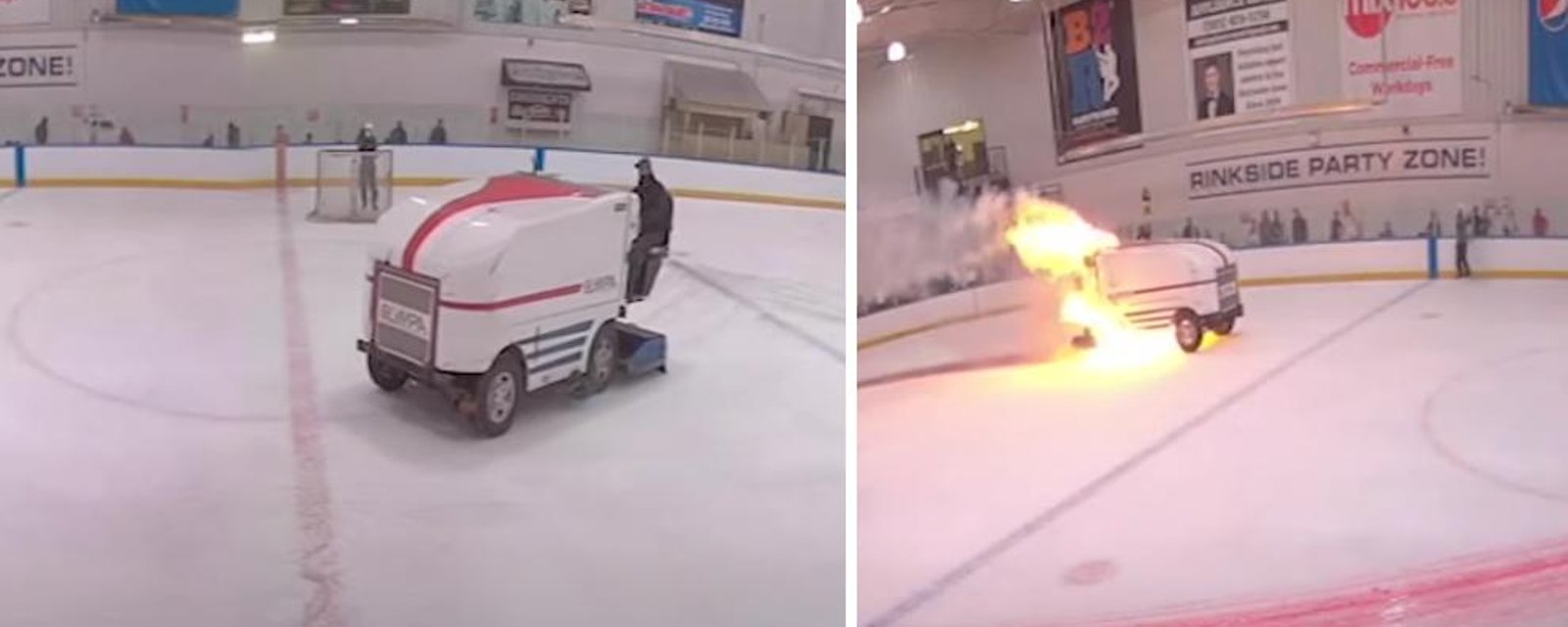 Il risque sa vie et conduit une zamboni en feu pour la sortir de la surface glacée