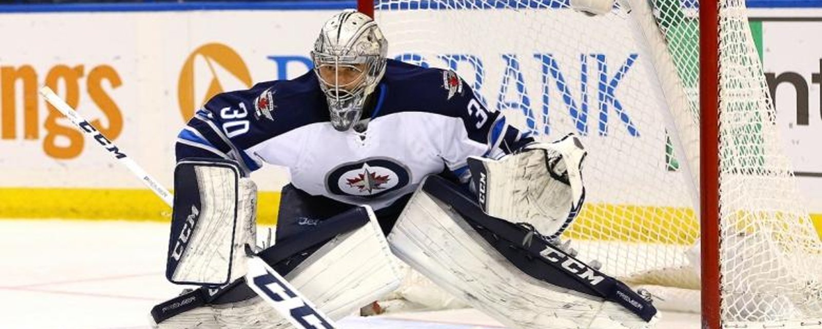 Connor Hellebuyck unveils his mask for the World Cup of hockey.